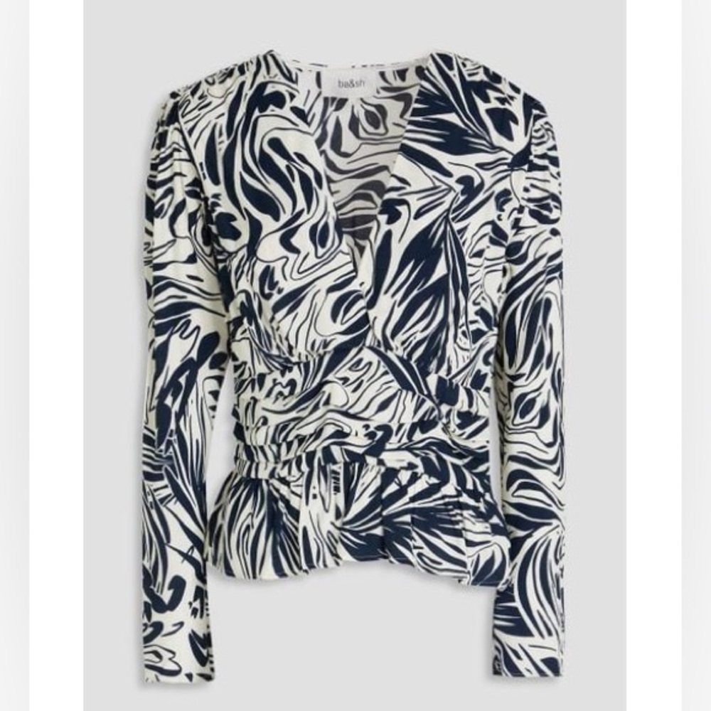ba&sh White and Blue Asymmetrical Fitted Blouse
